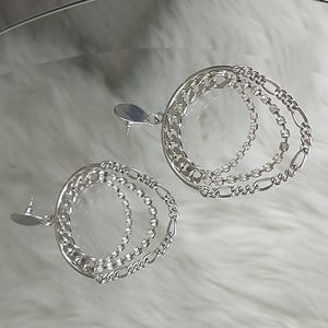 Edgy silver tone chain metal string of rhinestones dangling earrings